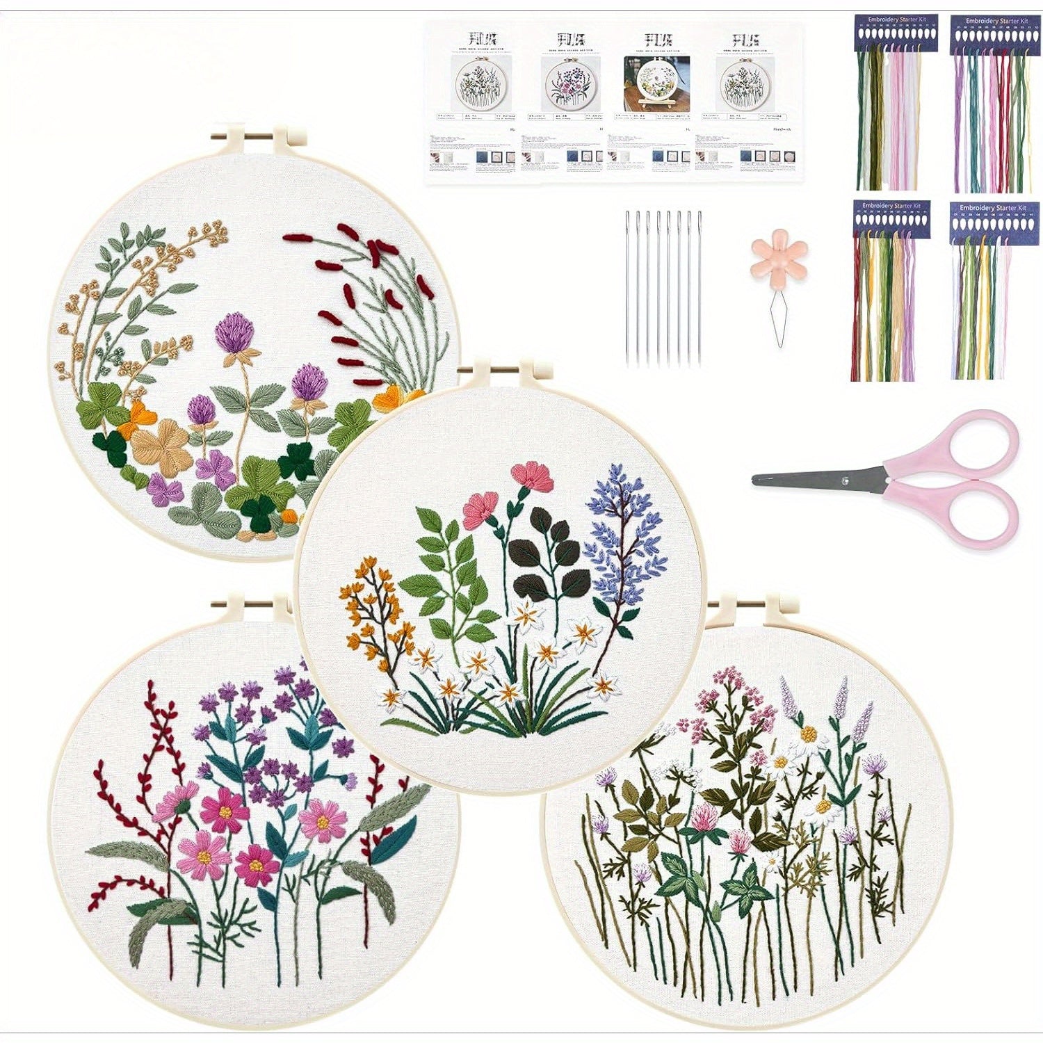 TEMU 4pcs Floral Embroidery Kits For Adults - Easy-to- Stitch Sets With Mixed Colors, Includes Hoop, Needles & Scissors - Craft Kit, Craft