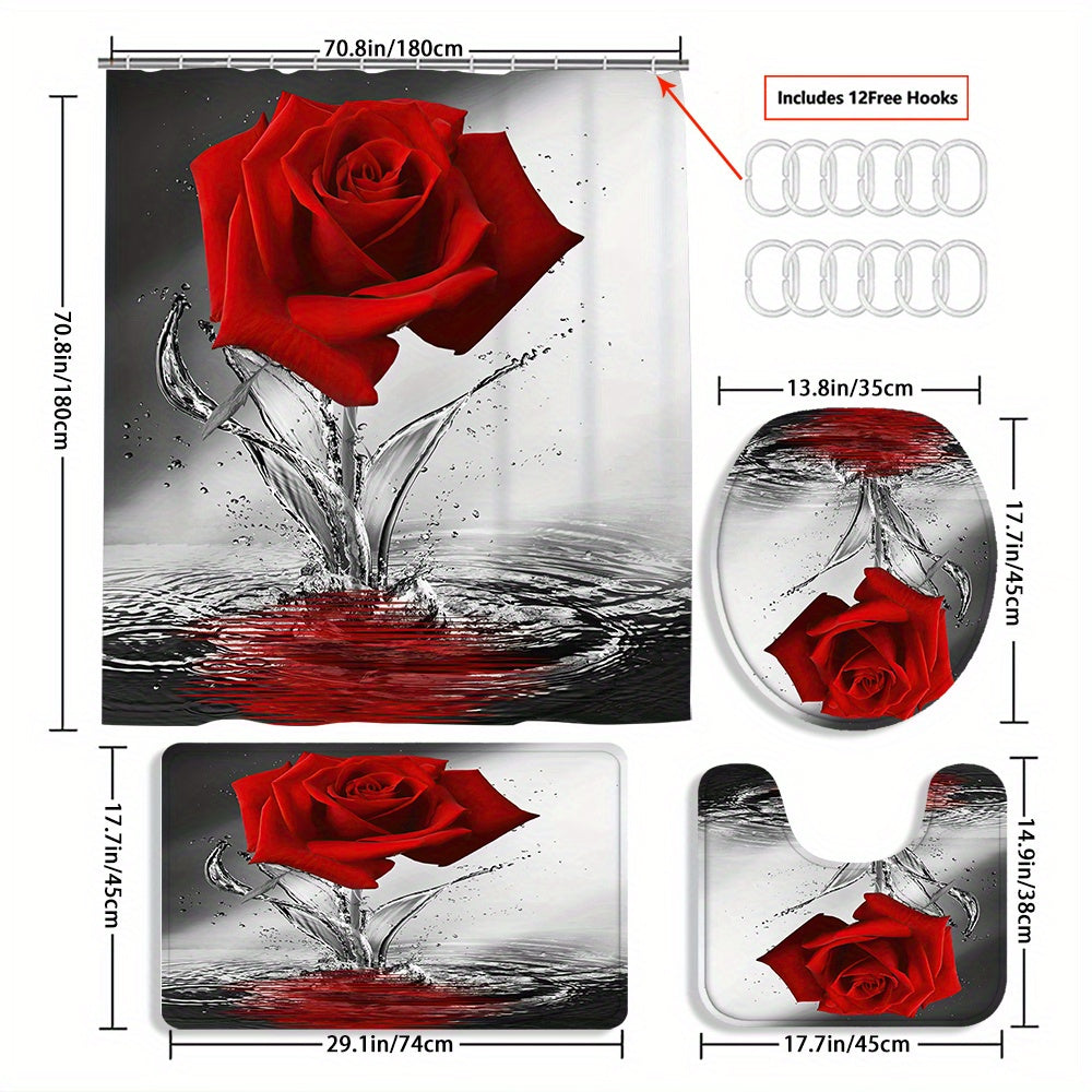 TEMU 4pcs Red Falling Rose Curtain Decoration, Beautiful Housewarming Gift Decoration, Waterproof Shower Curtain And Toilet Floor Mat Three-piece Set