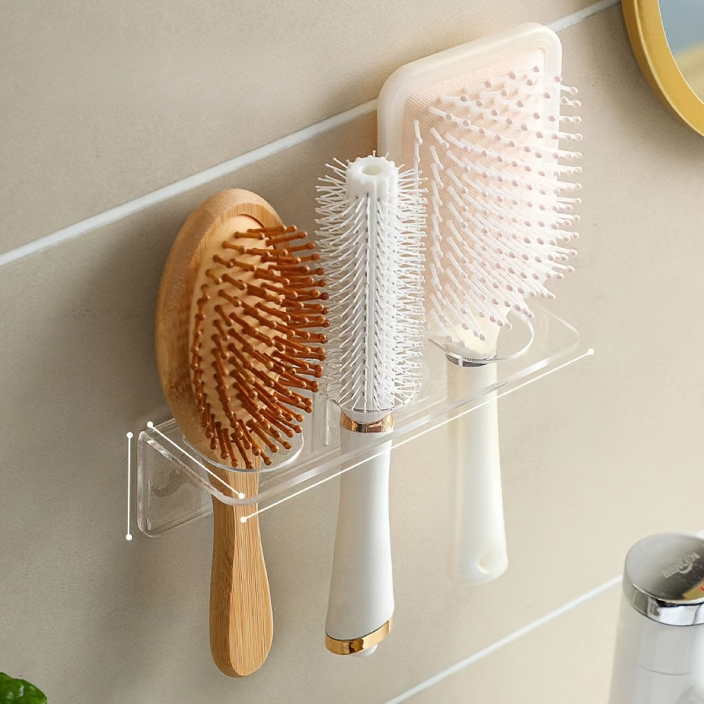 TEMU 1pc Clear Acrylic Wall-mounted Bathroom Organizer - No-drill Storage Rack For Hair Brushes, Combs, Toiletries - Space-saving Vanity Accessory