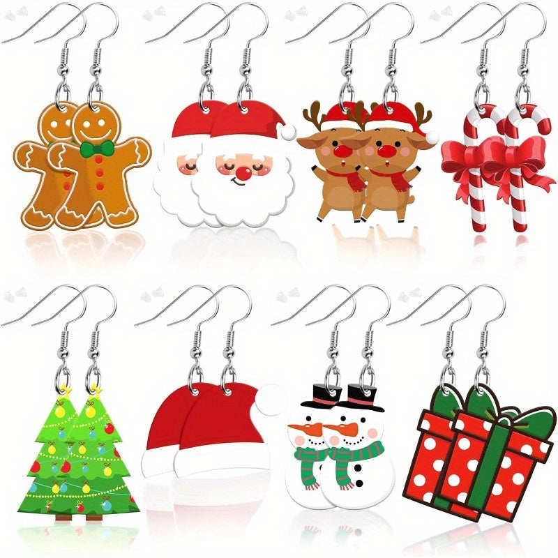 TEMU 8 Pairs Christmas Earrings, Cute Cartoon Designs Featuring Christmas Trees, Santa Claus, Christmas Hat, Cats, Dinosaurs, And Cars, Casual Attire