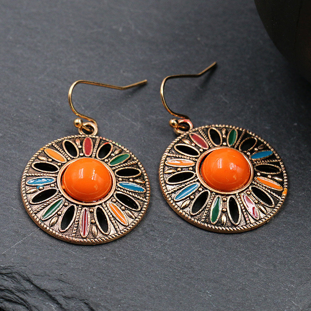 TEMU 1 Pair Vintage Boho Antique Golden Plated Earrings - Round Geometric Hoops For , Festival & Carnival, Bohemian Style Accessories For Parties,