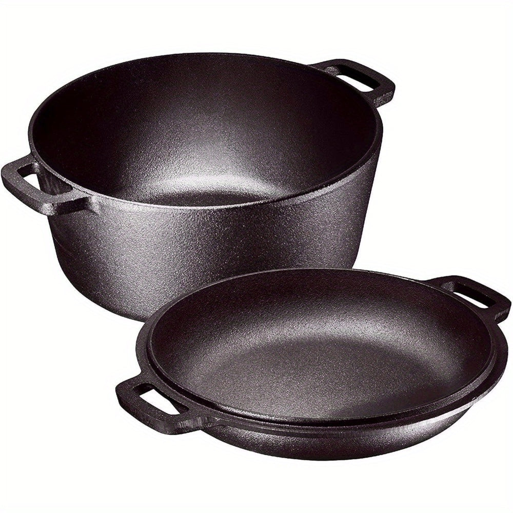 TEMU 2-in-1 Pre- Cast Iron Dutch Oven With Handles - Black Cast Iron Pot With Lid - Cookware Braising Pan For Casserole Dish - 5 Quart - Black