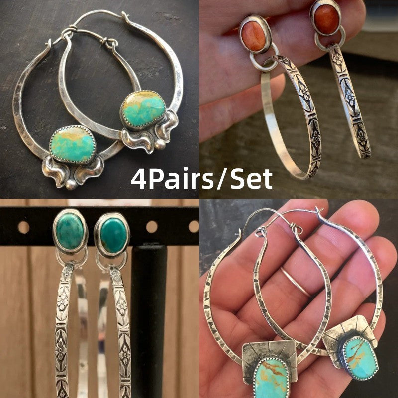 TEMU 4pairs- Set Vintage Metal Stone Earrings Bohemian Jewelry Antique Silvery Color Hollow Round Drop Earring For Women Fancy Turquoise Hoops