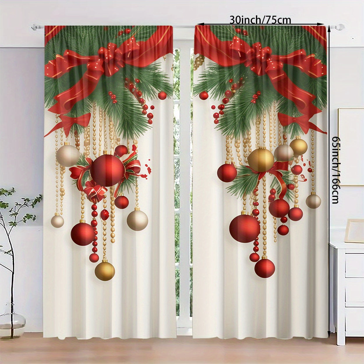 TEMU 2-piece Festive Christmas Decor Polyester Curtains, Hd With Golden And & Bow Pattern, Light Filtering Drapes For Bedroom, Living Room, Office,