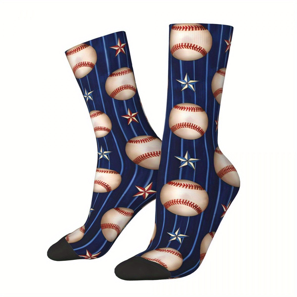 TEMU 1 Pair Biihudu Men's Baseball-inspired Crew Socks - Comfortable Polyester Blend With 3d Of Baseballs & Stars, Breathable & For Sports & Casual