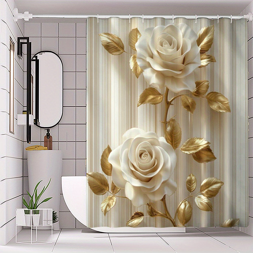 TEMU 1pc 3d Curtain With Hooks - No-drill Bathroom Partition, Pink-white-black-gray-green-beige-golden-brown, Machine Washable, Elegant Rose Pattern