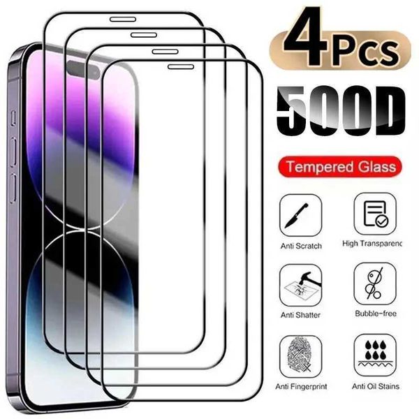 New Arrival 4PCS 500D Full Cover Protective Glass For iPhone 13 12 11 14 15 Pro Max Tempered Screen Protector iphone 14 15 PLUS Glass Film T
