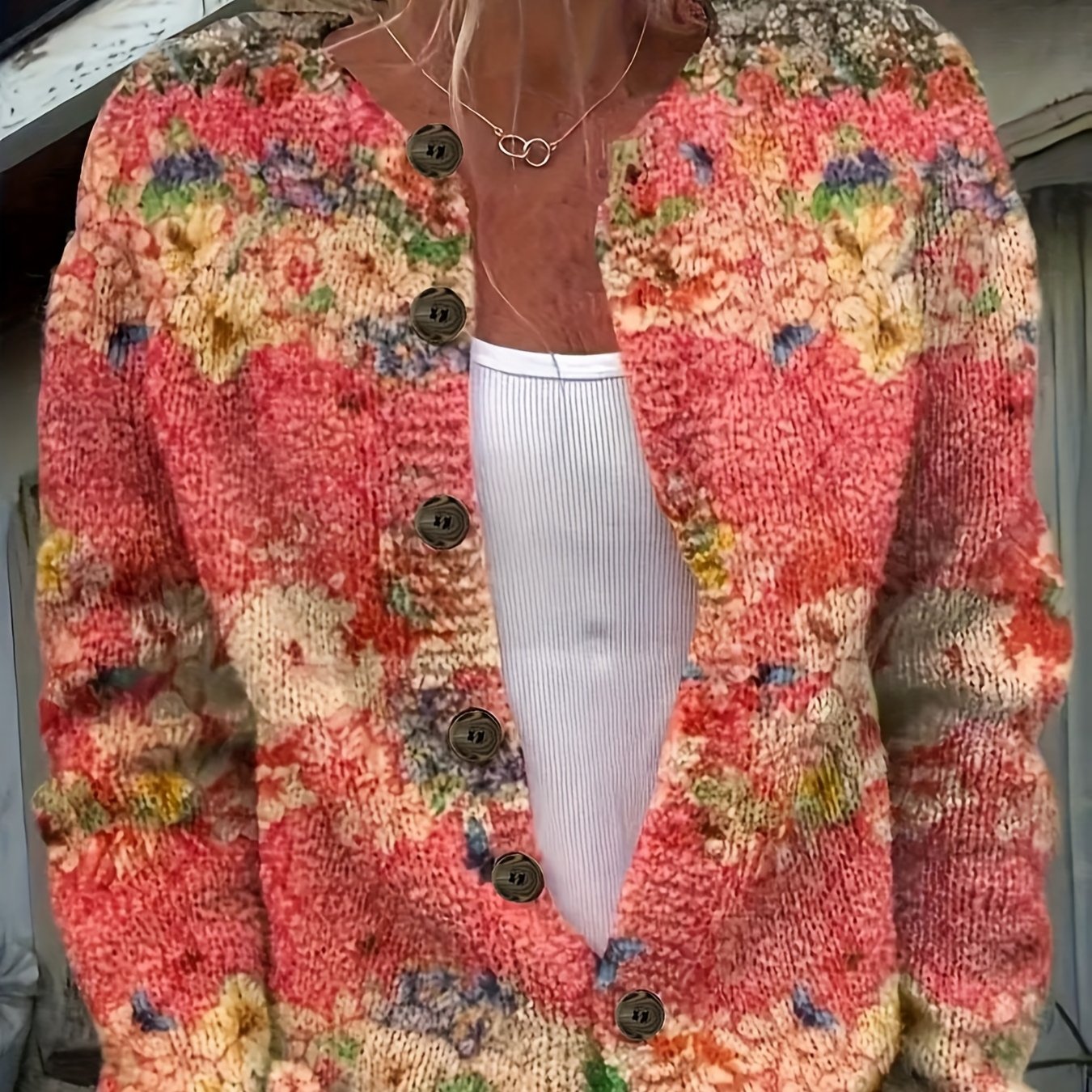 TEMU Women's Lightweight Casual Cardigan - Floral Print Round Neck Button Front Openwork Sweater, Medium Stretch Spring-fall Layering Piece With