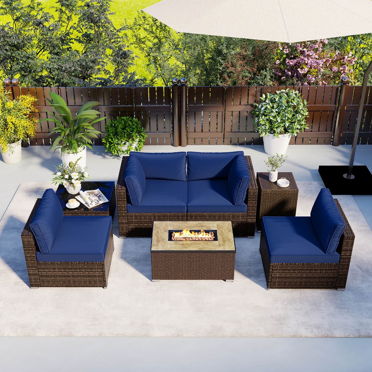 7-Piece Outdoor Furniture Set with 32" Fire Pit Table  - Navy