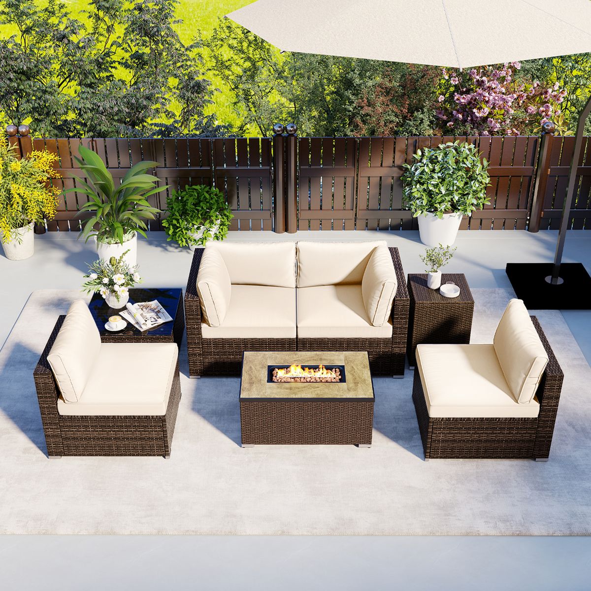 7-Piece Outdoor Furniture Set with 32" Fire Pit Table  - White