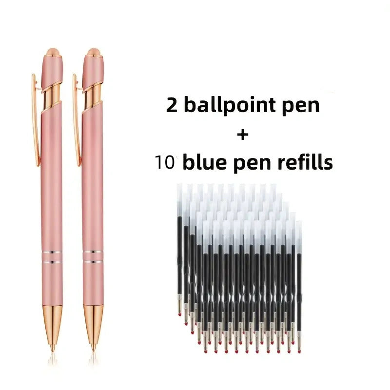 TEMU 12pcs Set Of Metal Retractable Round Ballpoint Pens, Including 2 Pens And 10 Refills, With Touchscreen Stylus Tips - Smooth Writing, Non-slip