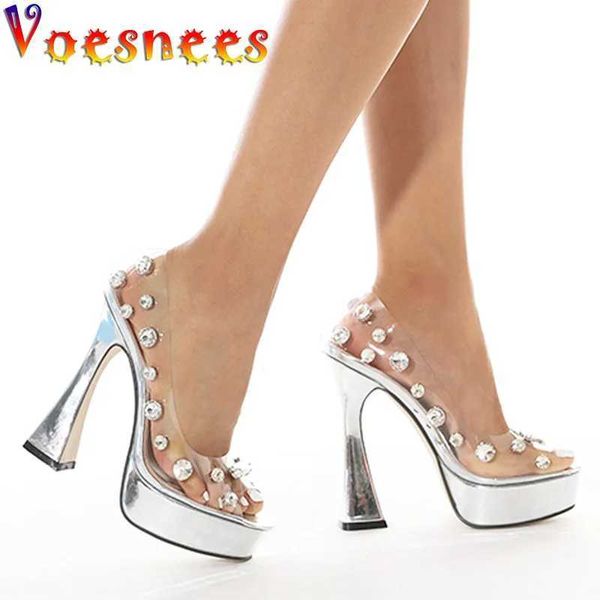 Sandals Fashion Style Transparent Sandals Women Diamond Rivet Design Open Toe Shoes Silver Platform High Heels Wedding Party Lady Pumps J250