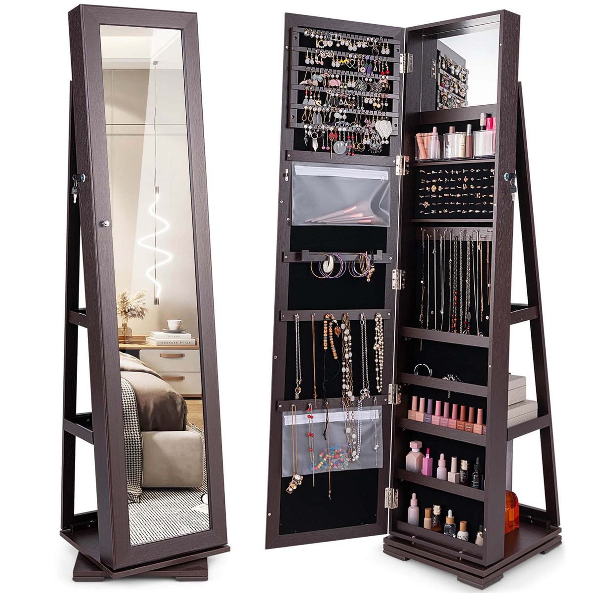 2-in-1 Lockable Mirrored 360° Rotating Jewelry Armoire - Dark Brown