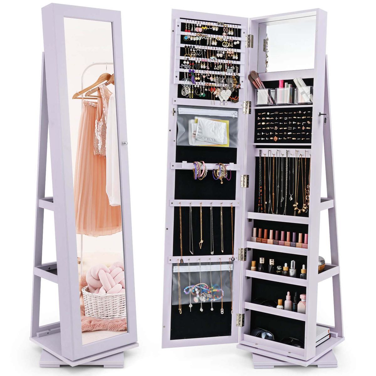 2-in-1 Lockable Mirrored 360° Rotating Jewelry Armoire - Light Purple