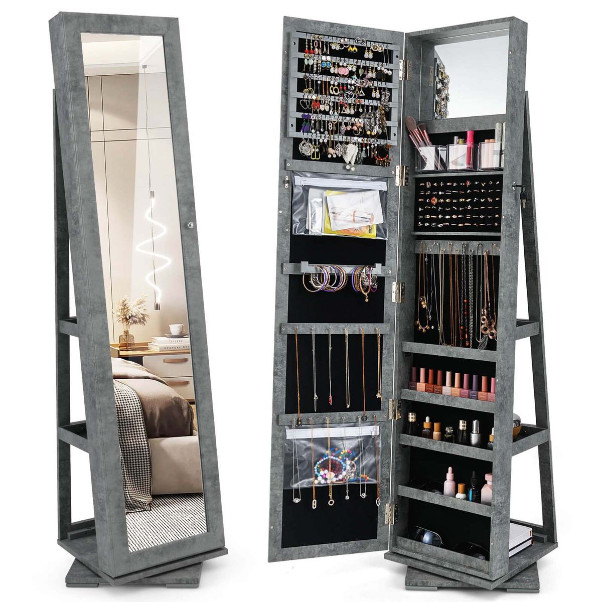 2-in-1 Lockable Mirrored 360° Rotating Jewelry Armoire - Dark Gray