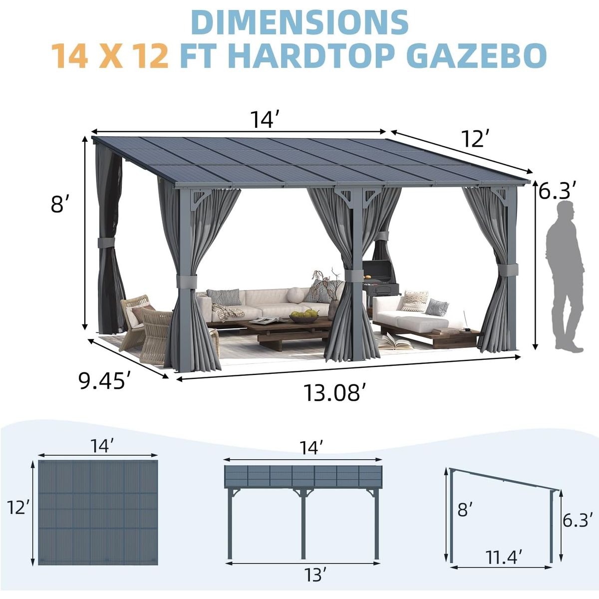 Outdoor Hard Top Lean-to Pergola with Curtains and Netting - 14' x 12'