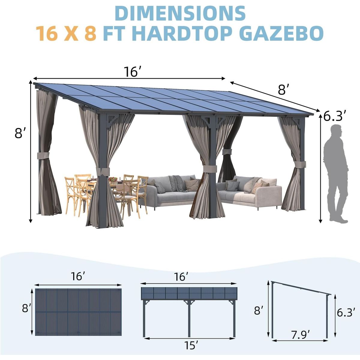 Outdoor Hard Top Lean-to Pergola with Curtains and Netting - 16' x 8'