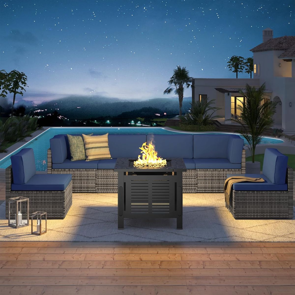 7 Piece Outdoor Patio Furniture Set with Fire Pit Table - 16002GRDBU+16533BK-UG01
