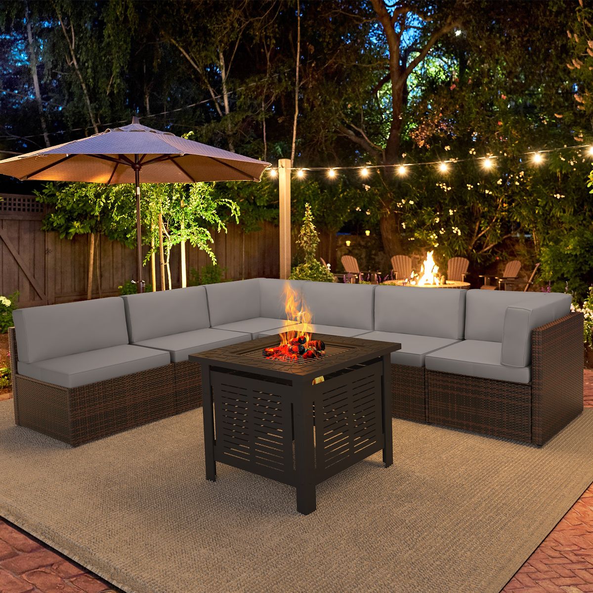 7 Piece Outdoor Patio Furniture Set with Fire Pit Table - 16002BRDG+16533BK-UG01
