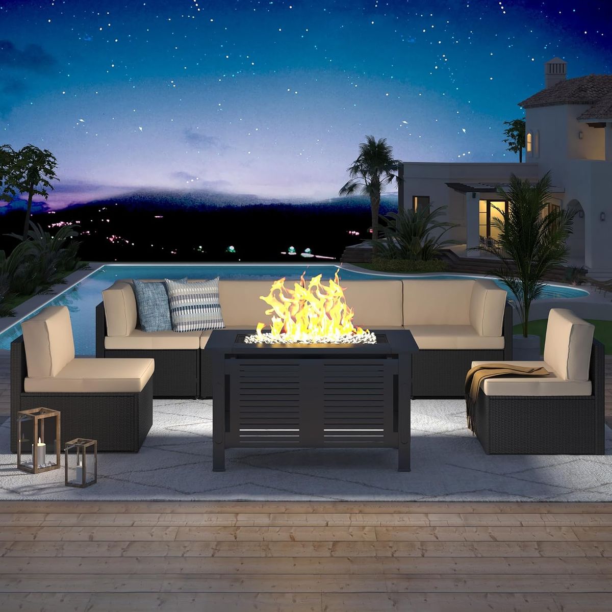 7 Piece Outdoor Patio Furniture Set with Fire Pit Table - 16002BKBG+16532BK-UG01