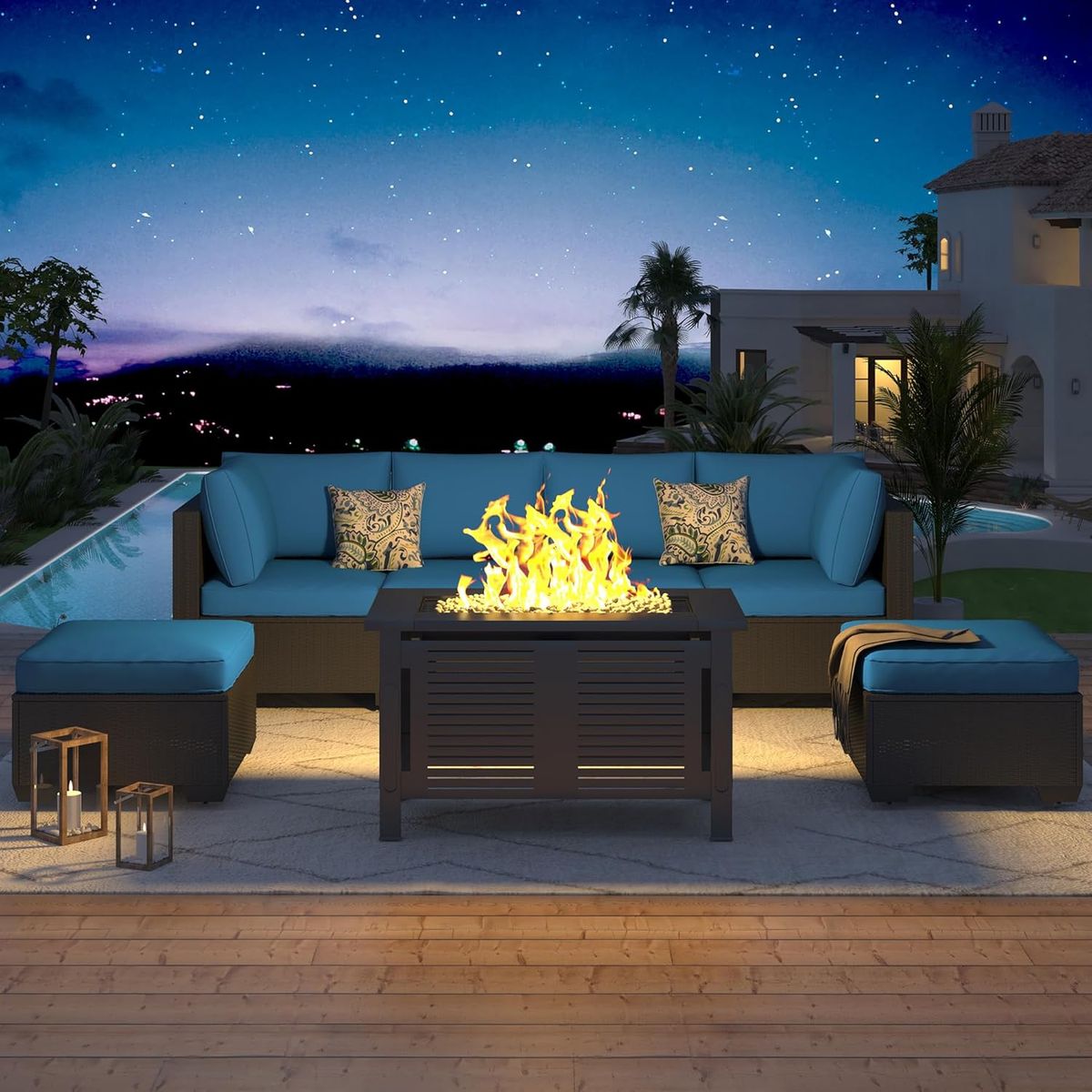 7 Piece Outdoor Patio Furniture Set with Fire Pit Table - 16002BKPBU+16532BK-UG01