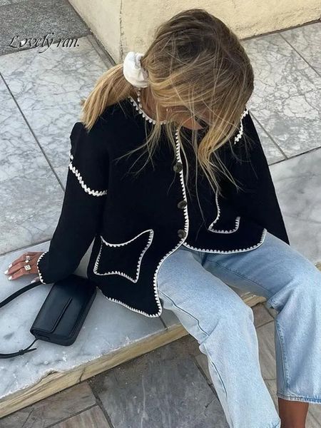 Womens Jackets Chic Pocket Patchwork Knitting Crop Female Single Breasted Oneck Long Sleeve Coat Elegant Autumn Winter Coats 231024