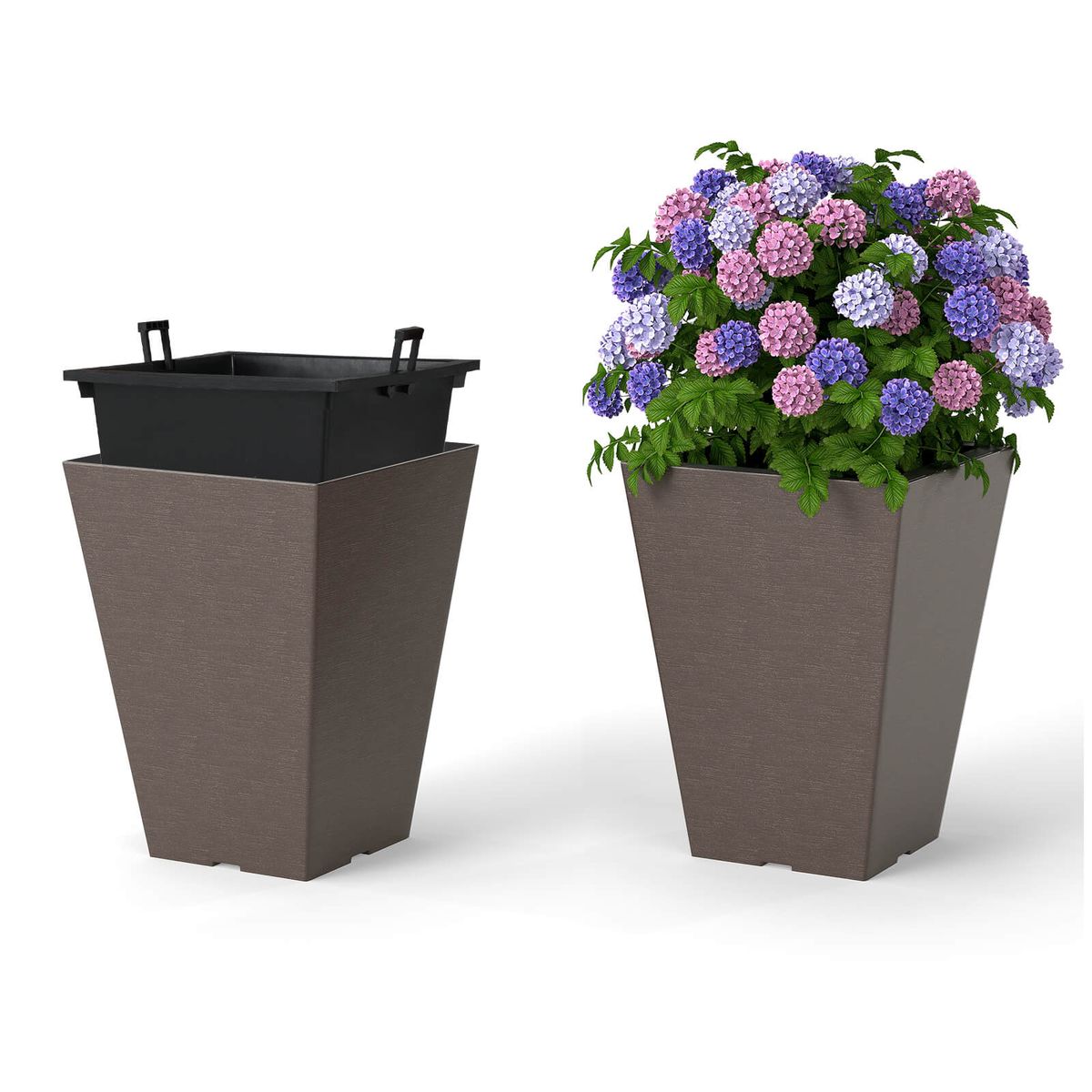 Square Taper Planter with Removable Inner Bucket (Set of 2) - 14" Square Planter