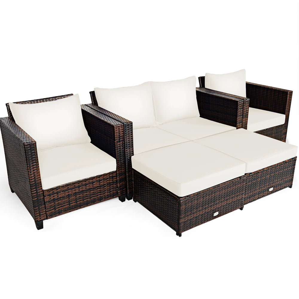 Rattan 5-Piece Cushioned Patio Set - White