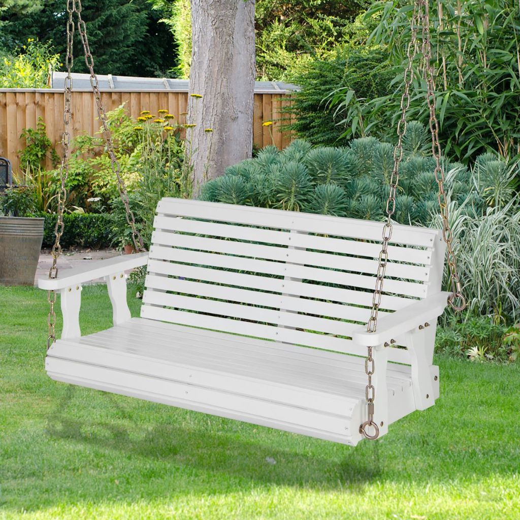 2-Person Outdoor Patio Wooden Hanging Porch Swing Bench - White