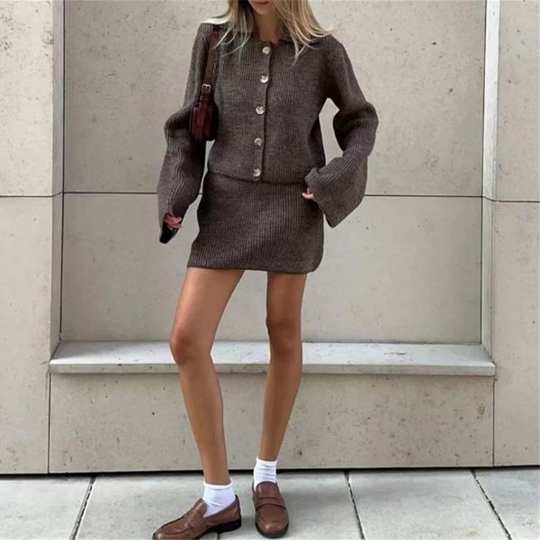 Elegant 2 Piece Sets Women Outfit Lapel Long Sleeve Tops Waist Slim Skirts Fashion Solid Suit Female High Street Clothing
