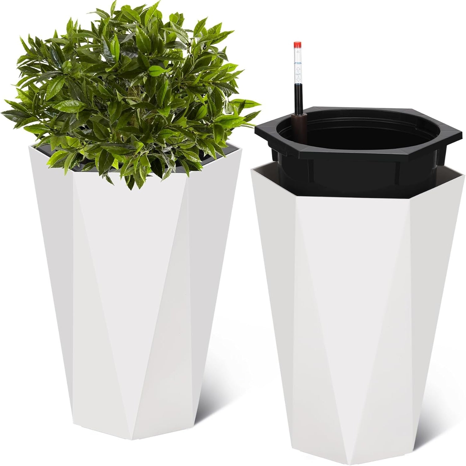 Garvee 22.4 Inch Tall Planters Set of 2 Large Flower Pot Outdoor and Indoor with 2 Trays and a Water Level Monitor and Wheels for Patio, Porch, Living