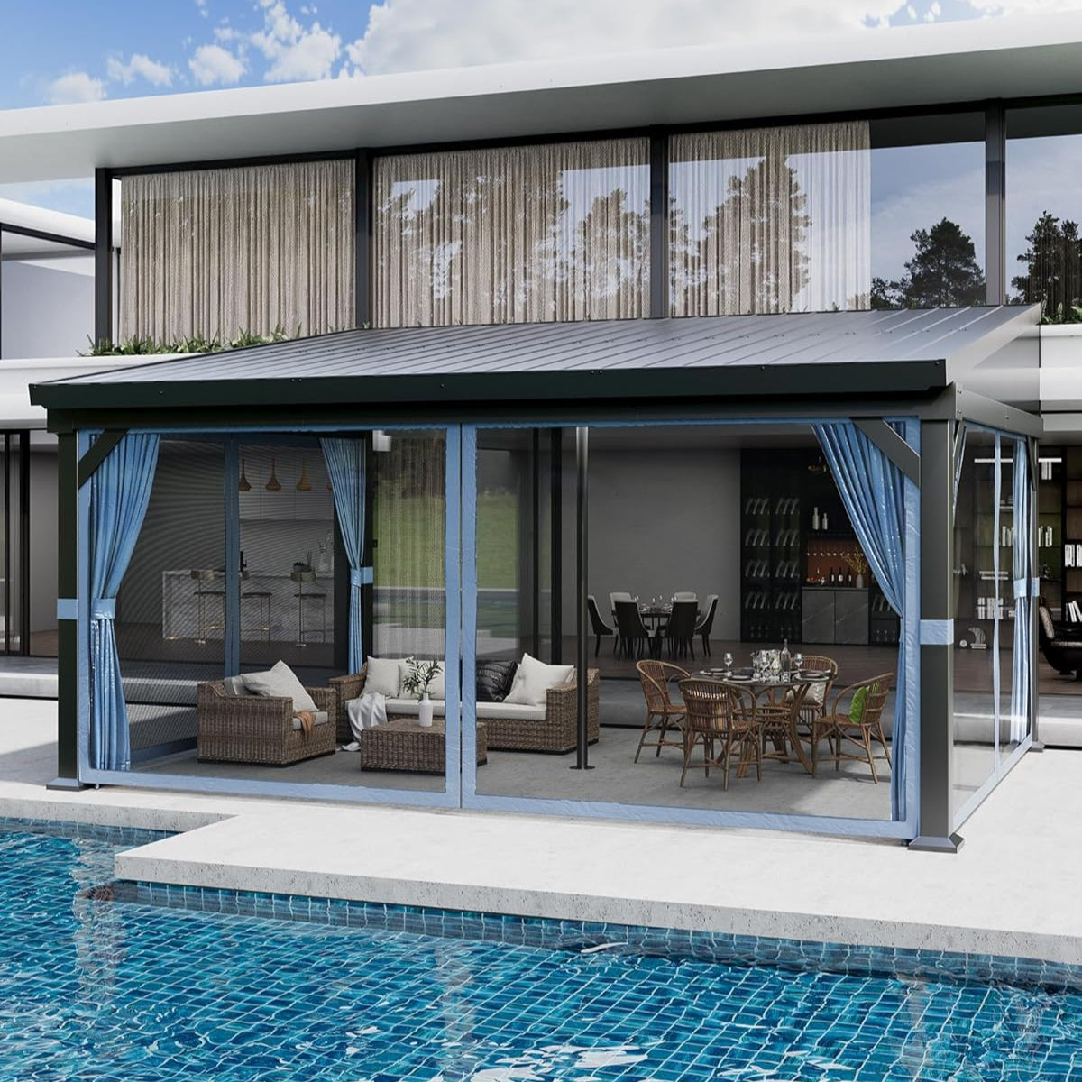 Garvee 12'x16' Wall-Mounted Hardtop Gazebo Aluminum Frame Galvanized Steel Roof Gutters Mosquito Netting Privacy Curtains Backyard Deck Carport