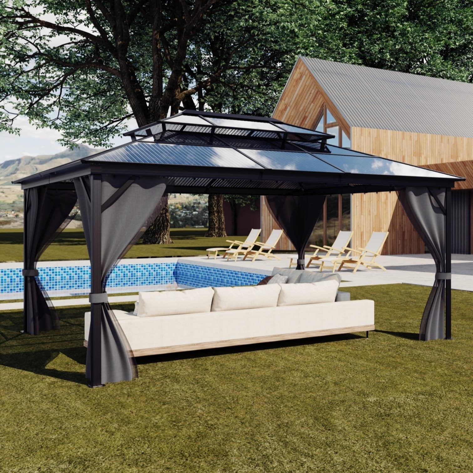 Garvee 10 x 12 FT Hardtop Gazebo Polycarbonate Double Roof Aluminum Alloy Frame Netting Curtains Gray Patio Backyard