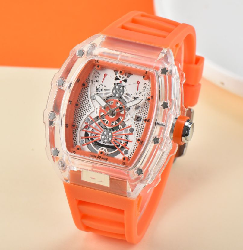 aa Good Wearing sensation Automatic Date Men Watches Luxury Quartz Clock Business Super Colorful Rubber Strap Transparent Super Day Date Iced Out Hi