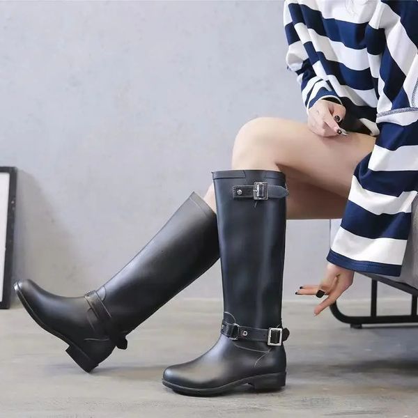 Rain boots fashionable water boots for women long sleeved zipper high heels motorcycle boots waterproof and anti slip rain boots for women 2