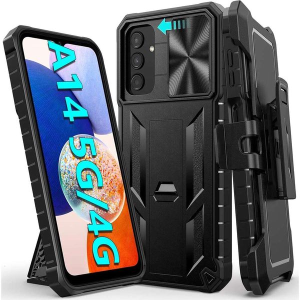 for Samsung Galaxy A14-5G: Military Grade Drop Proof Protection Red Protective A14 Cell Phone Cover with Belt Clip Holster Kickstand