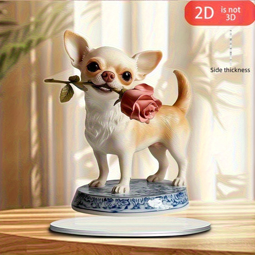 TEMU 2d Flat, 2d Acrylic Art Desktop Decoration - Chihuahua Puppy Holding Rose, Vibrant Realistic Design With Base, Bohemian Style Home Office Decor,