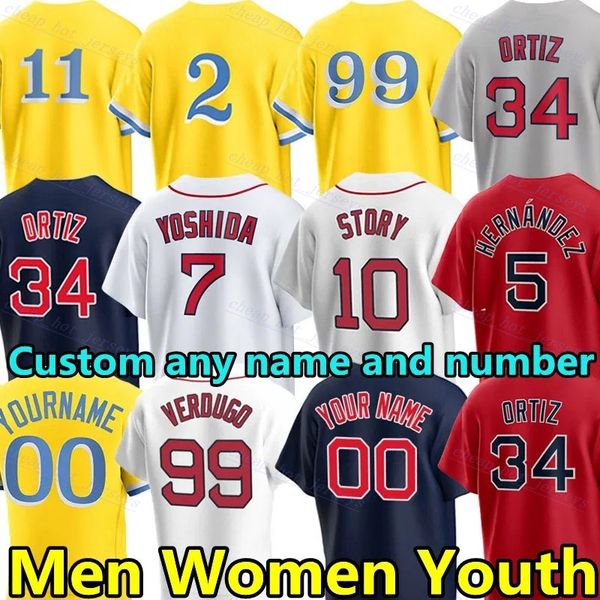 Custom 11 Rafael Devers David Ortiz Baseball Jersey Masataka Yoshida Trevor Story Bostons Jarren Duran Tim Wakefield Triston Casas Red Sox B
