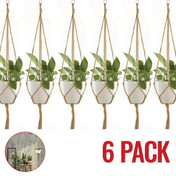 6pc Vintage Rope Basket Handmade Macrame Flower Pot Net Bag Home Pastoral Decor Plant Hanging Knotted Holders 250102