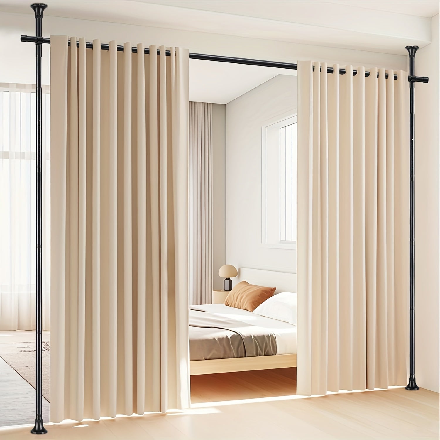 TEMU No Drill Tension Room Divider Curtain Rod - Heavy Duty Adjustable Floor To Ceiling Metal Partition Screen, 4-10ft Height & 28-114in Width, Matte