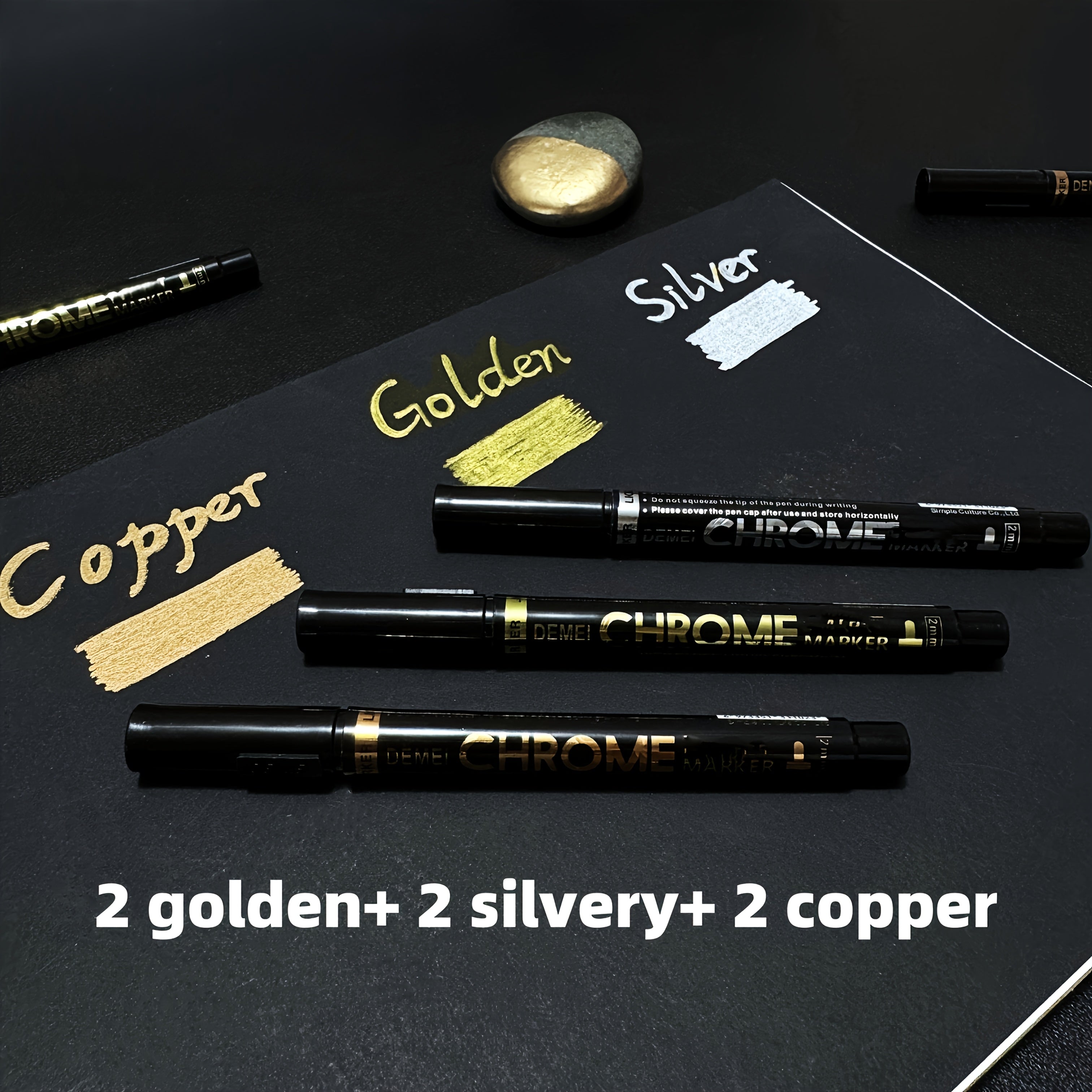 TEMU 6pcs Marker Pen Set – Silvery-golden-copper Reflective, Fast-drying Signature Markers For Automotive Decor, Art, Metal, Plastic, Stone, Glass &