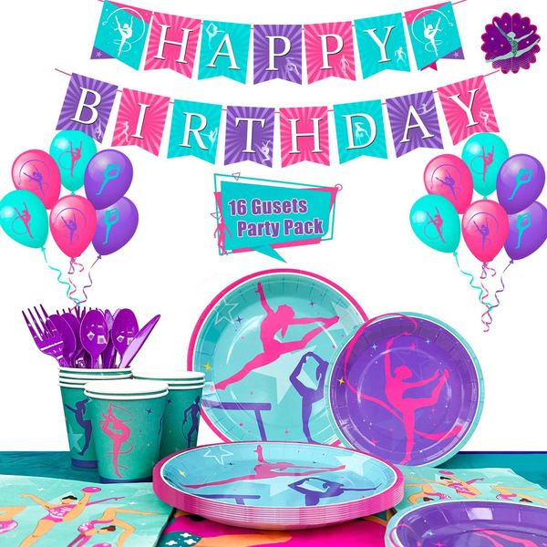 Gymnastics birthday party supplies 140pcs decoration and desktop software kit gymnastics board and napkins paper cups tablecloths balloons e
