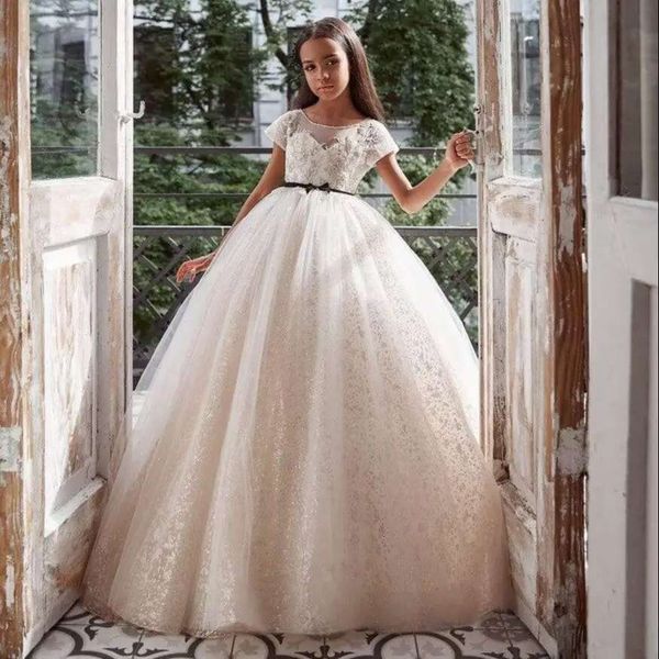 Cap Sleeves Wer Girl For Weddings Ball Gown Tulle Appliques Long First Communion Dresses Little Baby Kids Customized