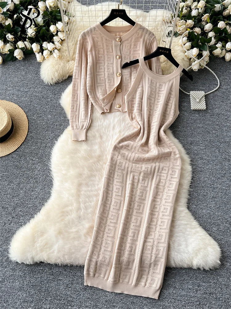 SINGREINY Autumn Winter Wear 2PC Suits Full Sleeve Knitted CardiganSenior Spaghetti Strap Bodycon Dress Women Sweater Sets 240829