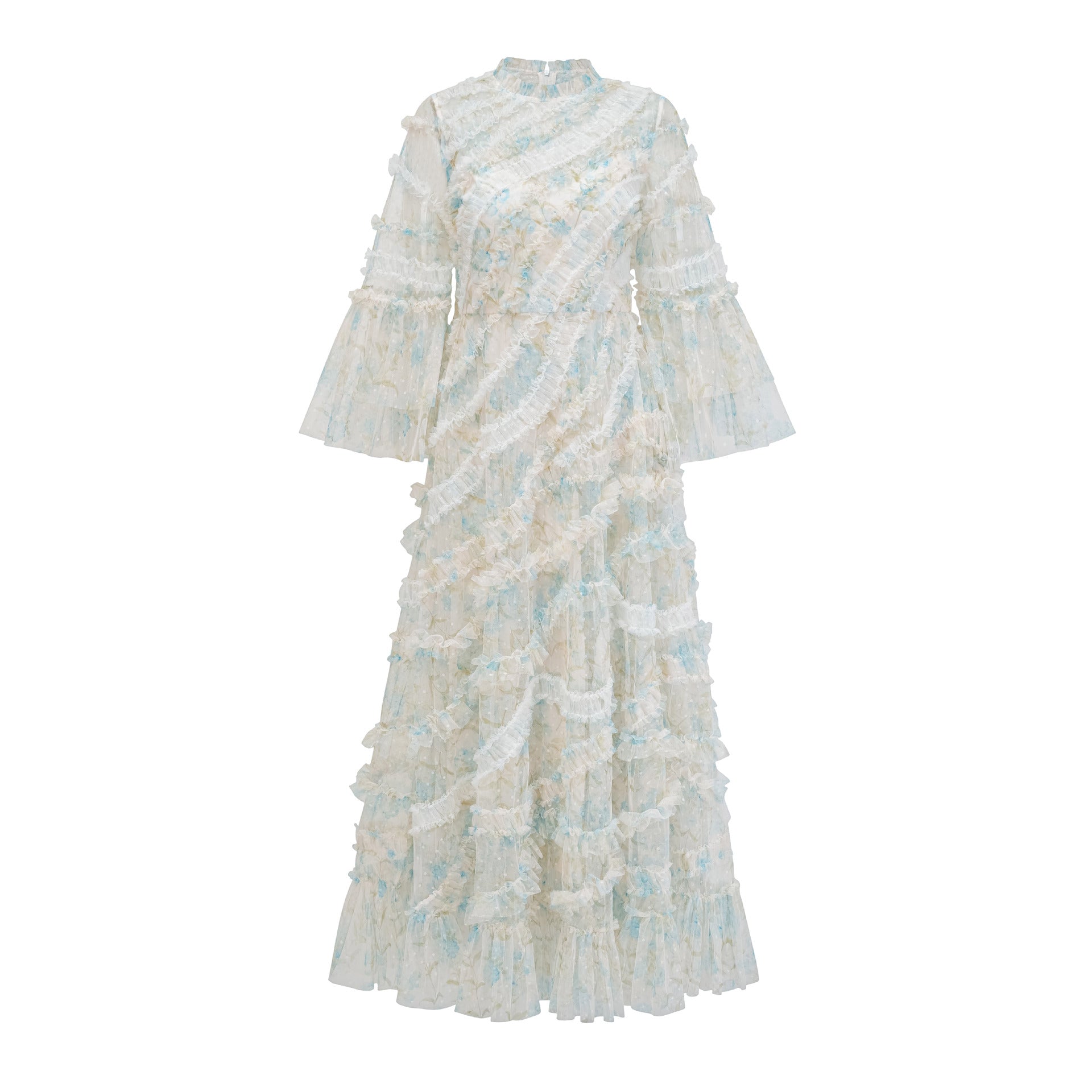 (399) Fashionable banquet dress long skirt round neck mesh splicing layered swing slim dress