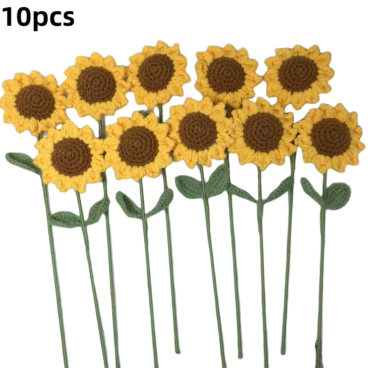 TEMU 10pcs Hand-crochet Sunflower Bouquets - Vibrant Yellow Fabric Flowers With Green Leaves & Stems, Garden-style Home Decor, Diy Vase Arrangements,