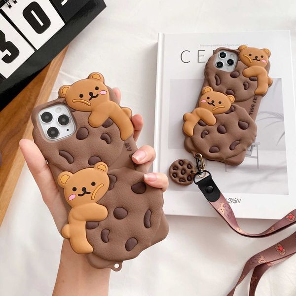 Cell Phone Cases 3D Cute Doll Chocolate Cookie Bear Phone Case for iPhone 15 14 13 12 11 Pro XS Max X XR Biscuit Lanyard Rope Soft Silicone