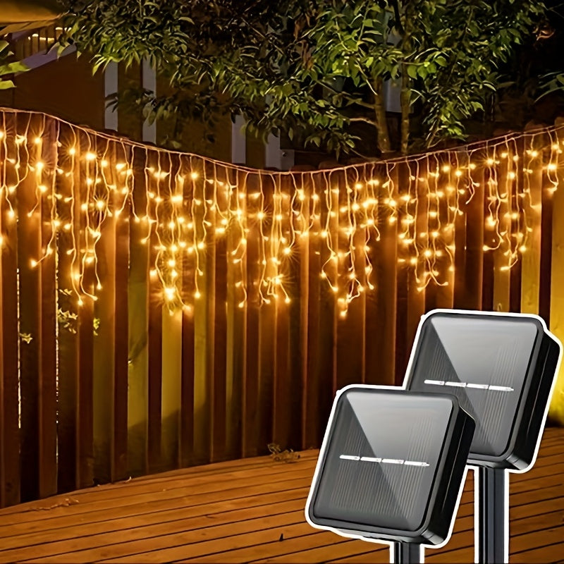 TEMU 1pc Super Long Led Solar String Light - Ip65 Waterproof Outdoor Curtain, With Solar Panel, Hanging Icicle Chain Suitable For Christmas,