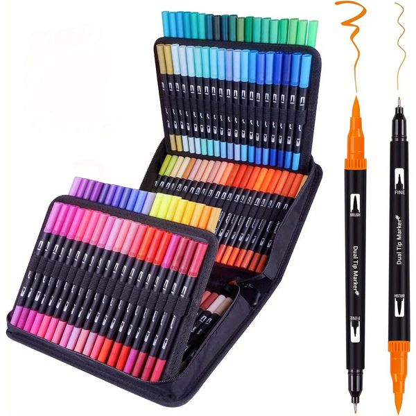 60120 color Dual Brush Tip Markers Set Doubleheaded Washable Soft Pens With Black Rods Cloth Bag Fine Marker 250116