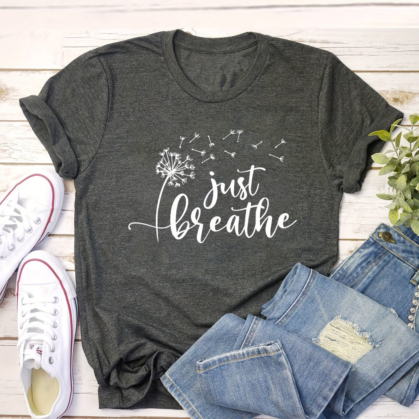 TEMU Plus Size Casual T-shirt, Women's Plus Dandelion & Slogan Print Short Sleeve Round Neck Slight Stretch T-shirt